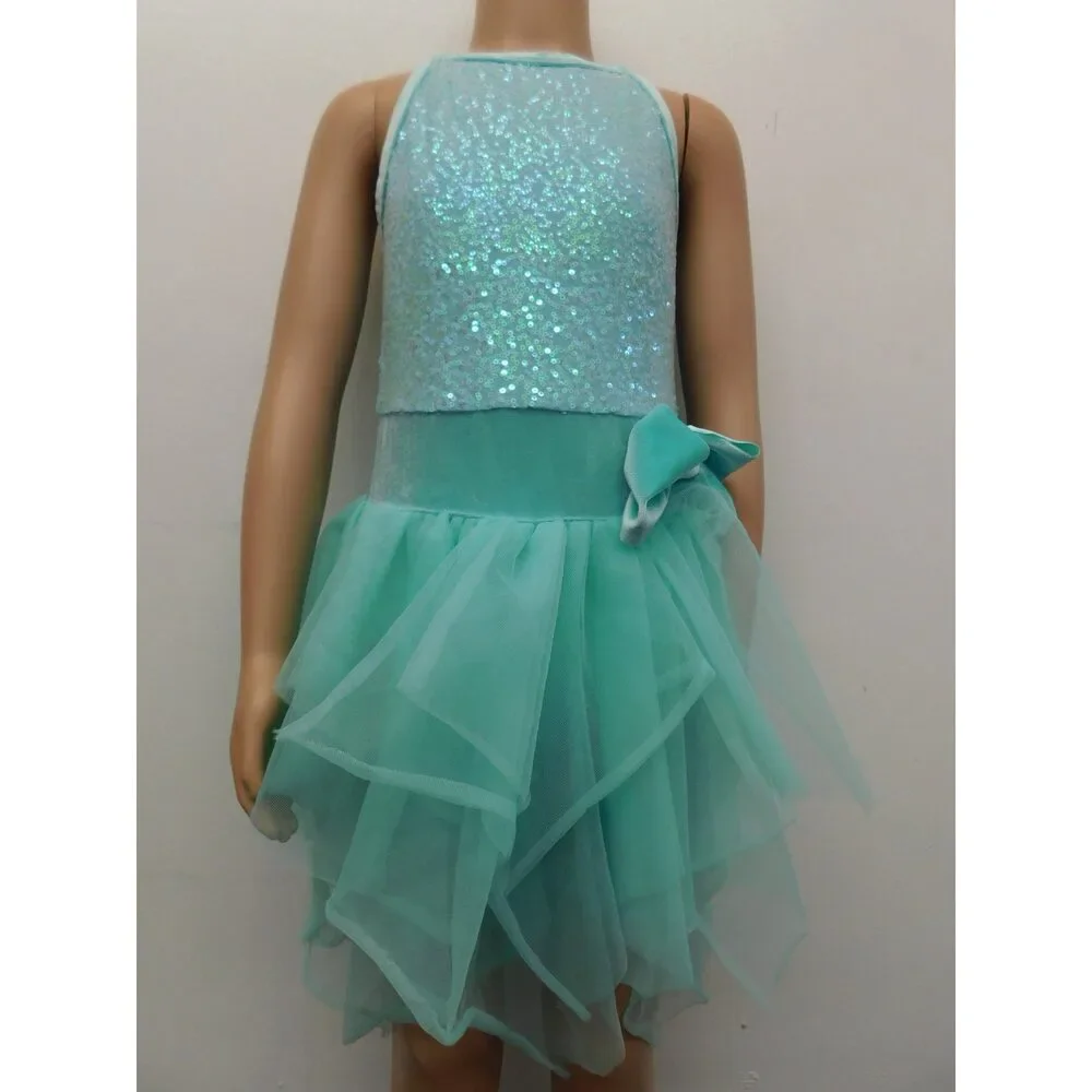 Pre-Owned Dance Costume Curtain Call E2144 Medium Child Aqua Dress Lyrical Sequ